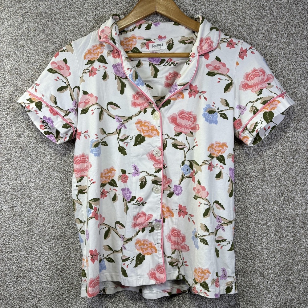 BedHead Pajamas Top Womens Small White‎ Floral Button Front Cotton Sleep Shirt